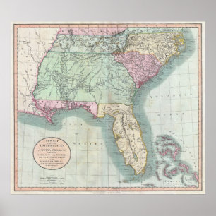 Poster Carte vintage Des États-Unis du sud-est (1806)