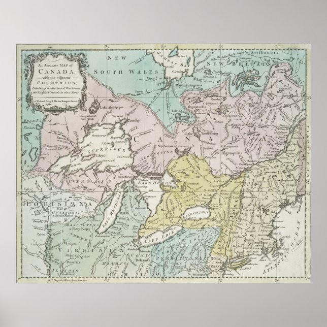 Poster Carte vintage des Grands Lacs et du Canada (1761) (Devant)