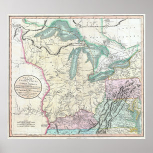 Poster Carte vintage des Grands Lacs et du Midwest (1801)