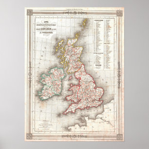 Poster Carte vintage des îles britanniques, 1852