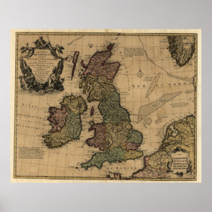 Poster Carte vintage des îles britanniques (années 1700)