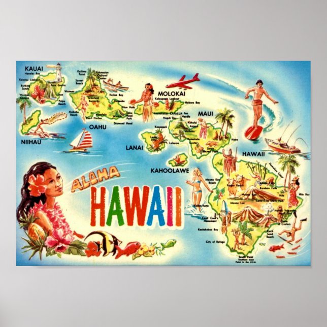 Poster Carte vintage des îles hawaïennes (Devant)