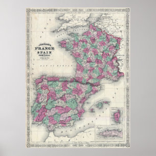 Poster Carte vintage d'Espagne et de France (1865)