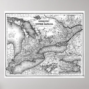 Poster Carte vintage d'Ontario (1857) BW