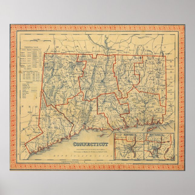 Poster Carte vintage du Connecticut (1846) (Devant)