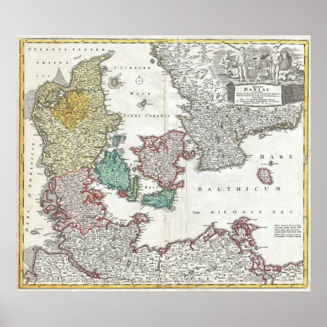 Poster Carte vintage du Danemark (1730) (Devant)