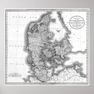 Poster Carte vintage du Danemark (1801) BW