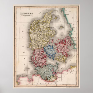 Poster Carte vintage du Danemark (1838)