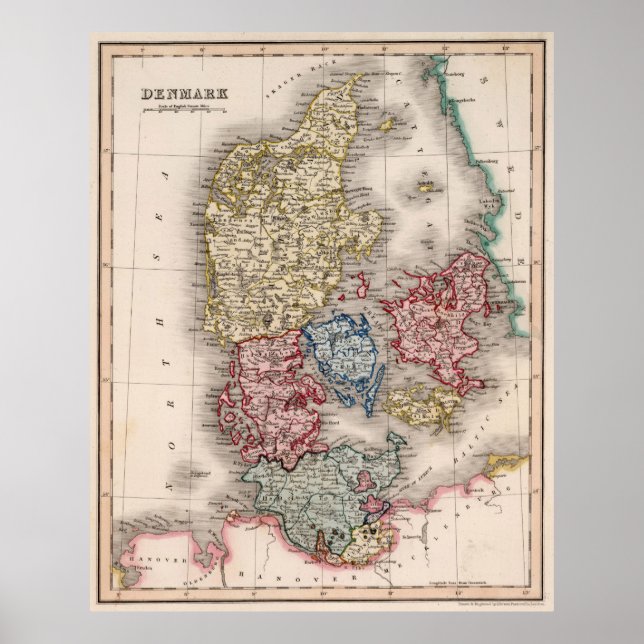 Poster Carte vintage du Danemark (1838) (Devant)