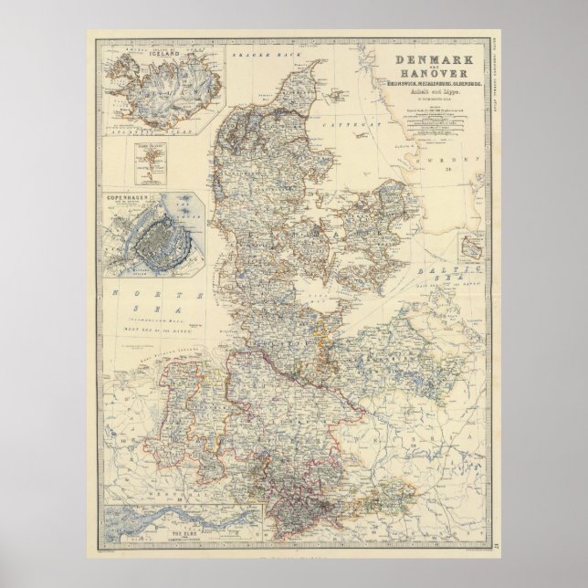 Poster Carte vintage du Danemark (1861) (Devant)