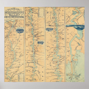 Poster Carte vintage du fleuve Mississippi (1863)