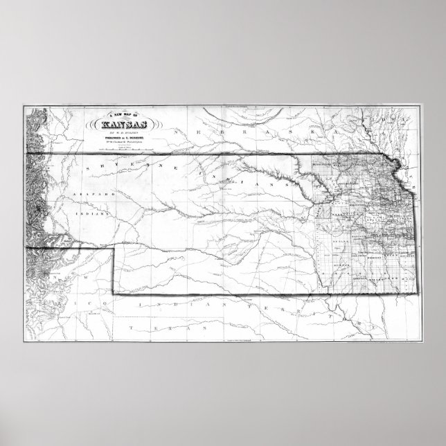 Poster Carte vintage du Kansas (1859) BW (Devant)