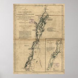 Poster Carte vintage du lac Champlain et du lac George (1