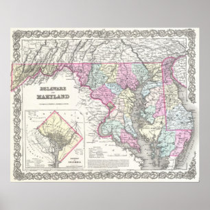 Poster Carte vintage du Maryland (1855)
