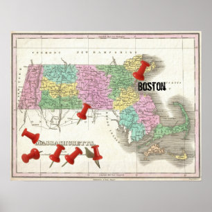 Poster Carte vintage du Massachusetts (1827) Marqueur de 