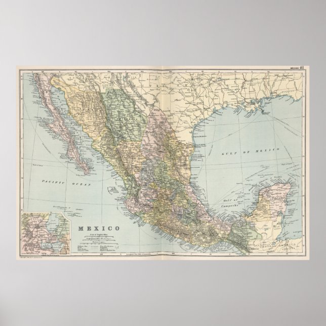 Poster Carte vintage du Mexique (1891) (Devant)