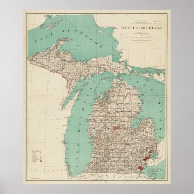 Poster Carte vintage du Michigan (1888) (Devant)