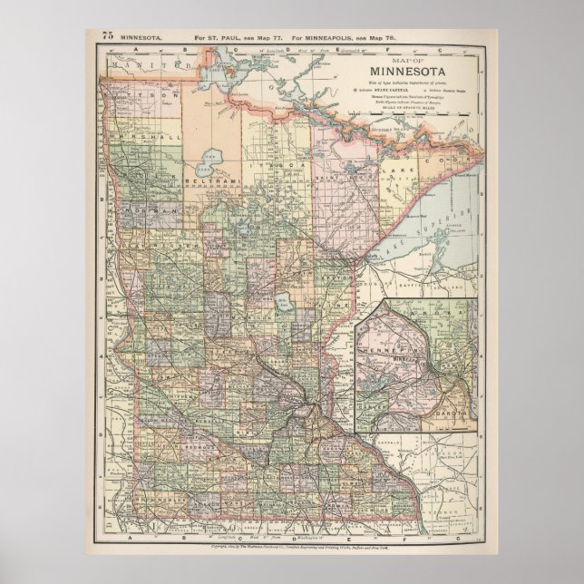 Poster Carte vintage du Minnesota (1891) (Devant)