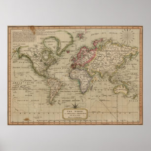 Poster Carte vintage du monde (1814)