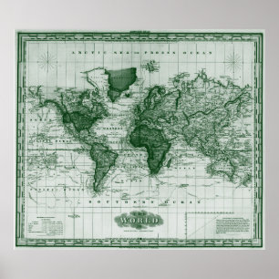 Poster Carte vintage du monde (1833) Blanc & Vert