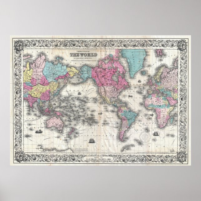 Poster Carte vintage du monde (1852) (Devant)