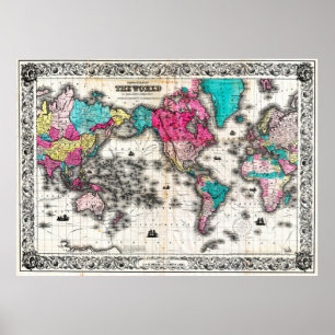 Poster Carte vintage du monde (1852) - Stylisé
