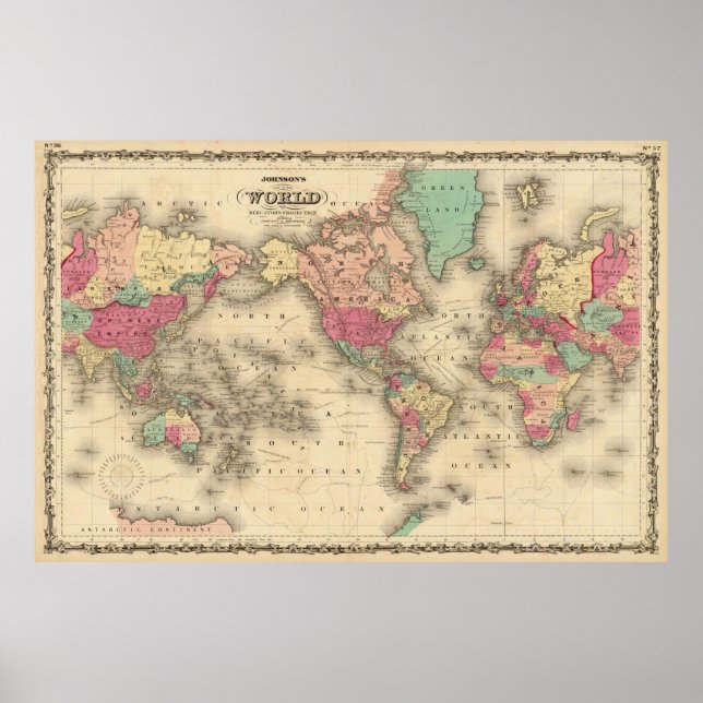 Poster Carte vintage du monde (1860) (Devant)