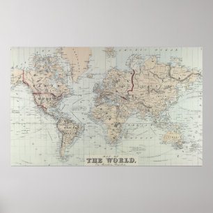 Poster Carte vintage du monde (1875)