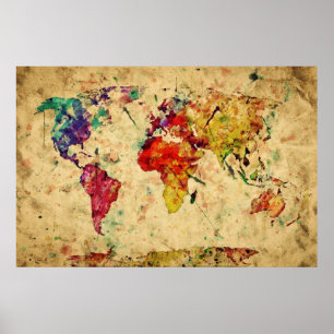 Poster Carte vintage du monde d'aquarelle