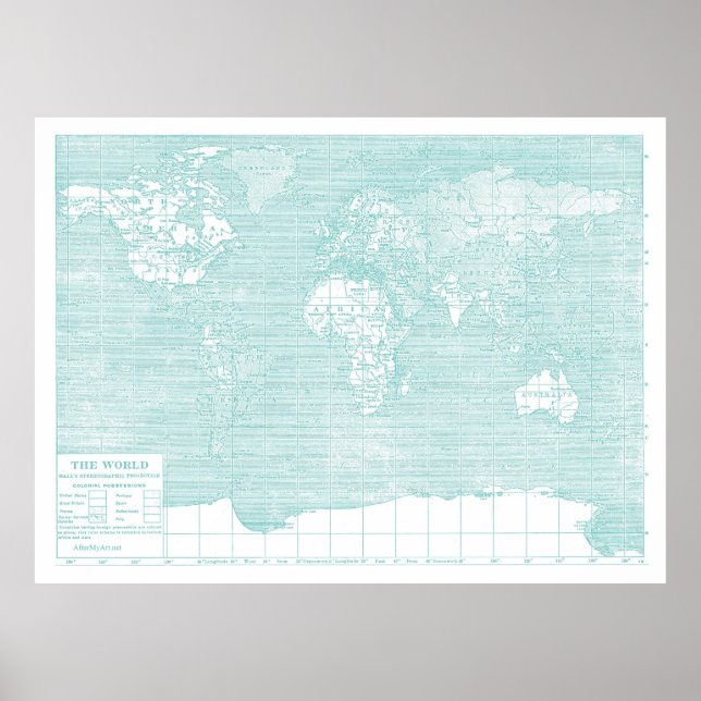 Poster Carte Vintage du monde turquoise (Devant)