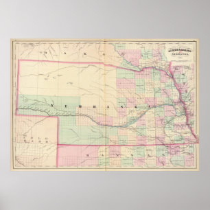Poster Carte vintage du Nebraska (1874)