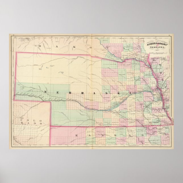 Poster Carte vintage du Nebraska (1874) (Devant)