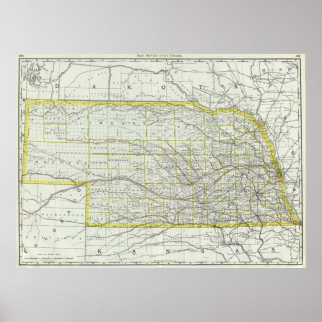 Poster Carte vintage du Nebraska (1889) (Devant)