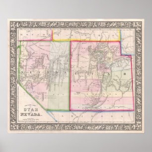 Poster Carte vintage du Nevada et de l'Utah (1866)
