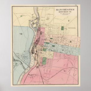 Poster Carte vintage du New Hampshire de Manchester (1877