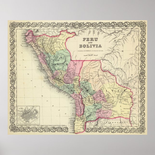 Poster Carte vintage du Pérou et de la Bolivie (1856) (Devant)