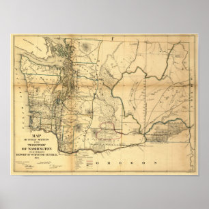 Poster Carte vintage du territoire de Washington en 1866