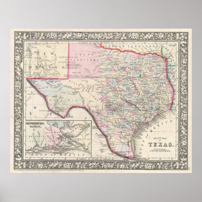 Poster Carte vintage du Texas (1866) (Devant)