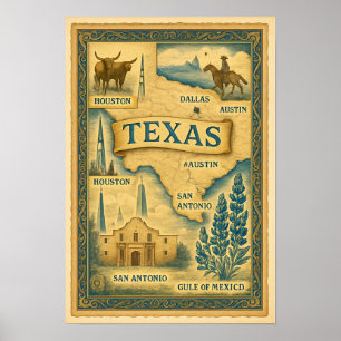 Poster Carte vintage du Texas, 1885