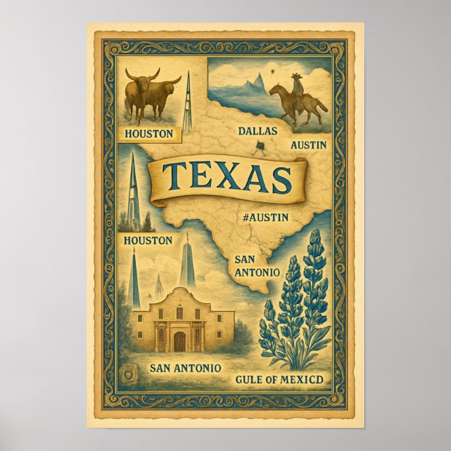 Poster Carte vintage du Texas, 1885 (Devant)