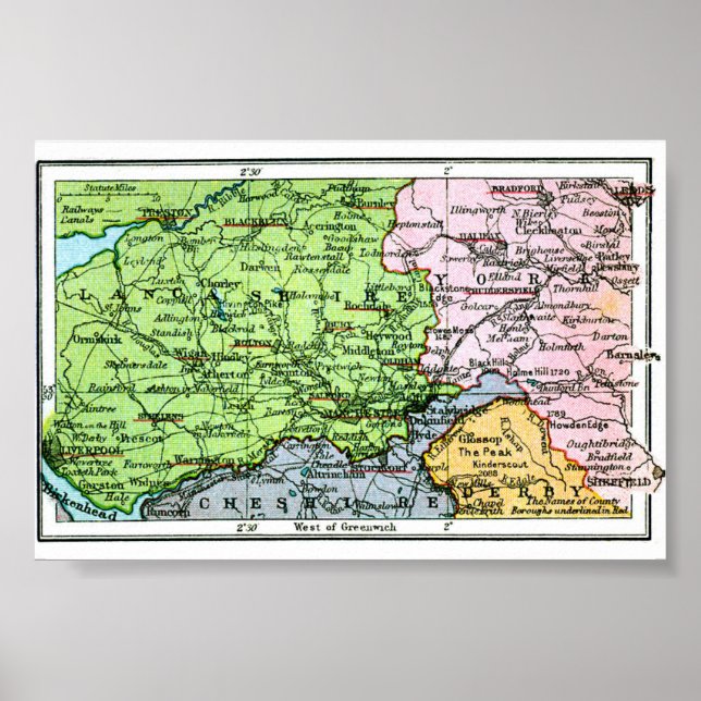 Poster - Carte Vintage Du Yorkshire/Lancashire (Devant)
