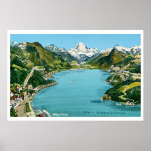 Poster Carte vintage illustrée Lac Lucerne