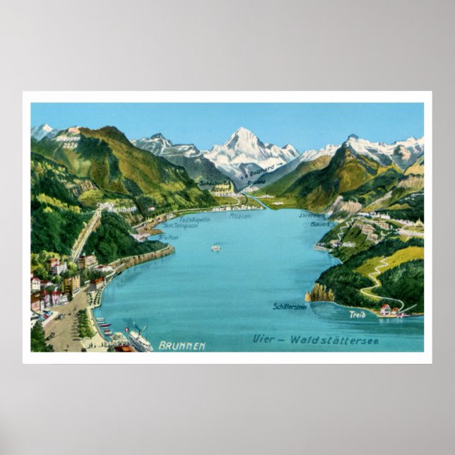 Poster Carte vintage illustrée Lac Lucerne (Devant)