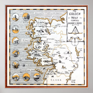 Poster CARTE vintage IRELAND COUNTIES MAYO / GALWAY