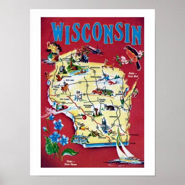 Poster Carte vintage Wisconsin Imprimer (Devant)