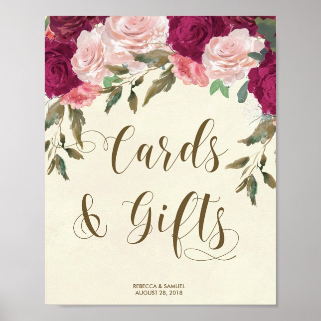 Poster Cartes Cadeaux mariage signe ivoire fleurons roses (Devant)