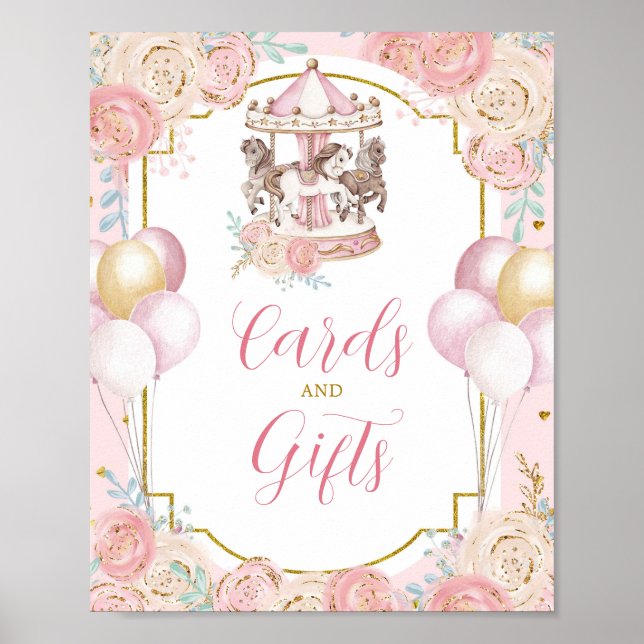 Poster Cartes de carrousel rose et or et signe cadeau (Devant)