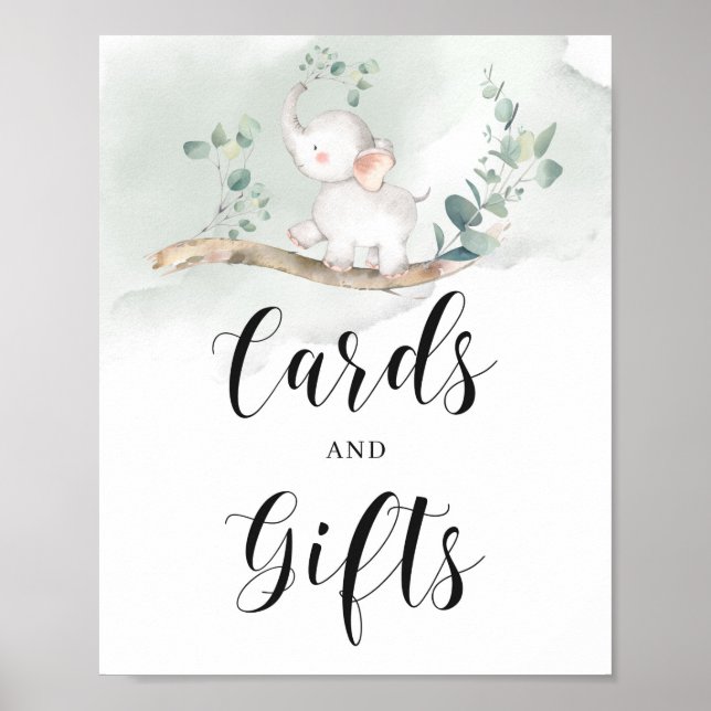 Poster Cartes de feuillage vert pour éléphant bébé et sig (Devant)