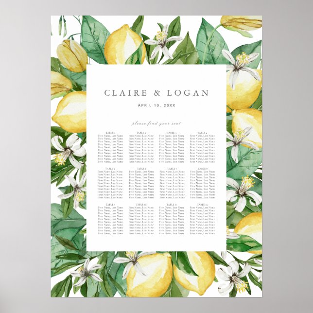 Poster Cartes de sièges en aquarelle florale Citrus Lemon (Devant)