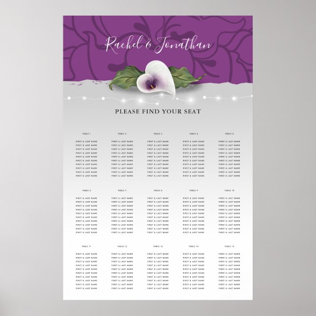 Poster Cartes de sièges Mariage Calla Lily blanches et vi (Devant)